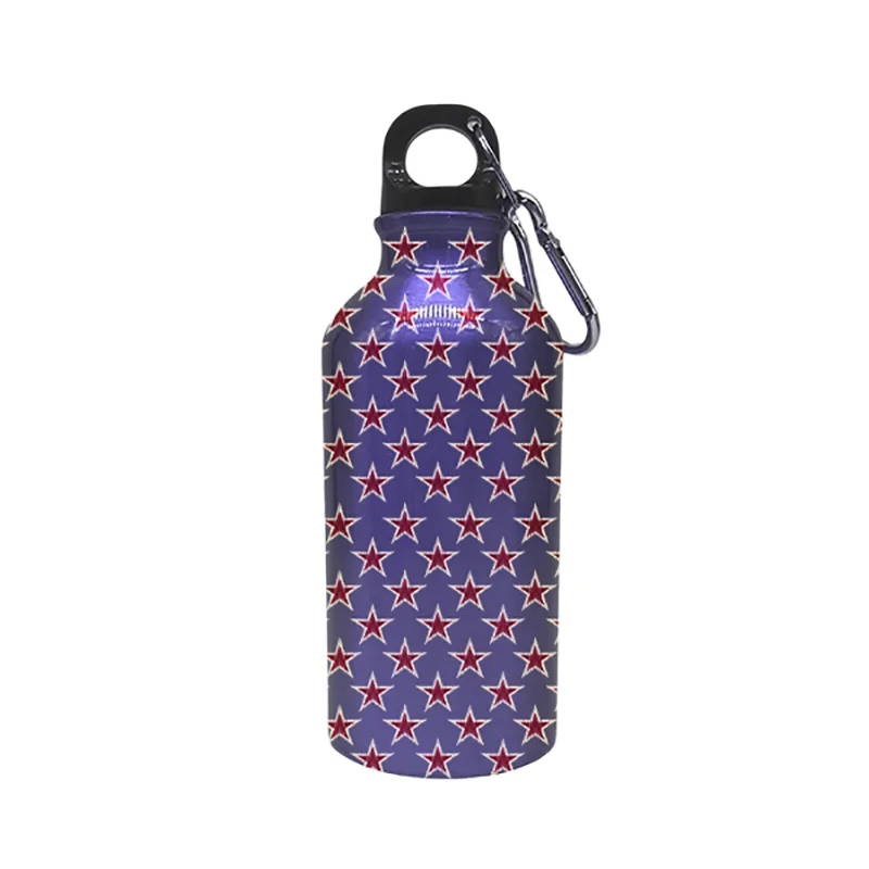 Botella deportiva de acero inoxidable con estampado de estrellas rojas y moradas